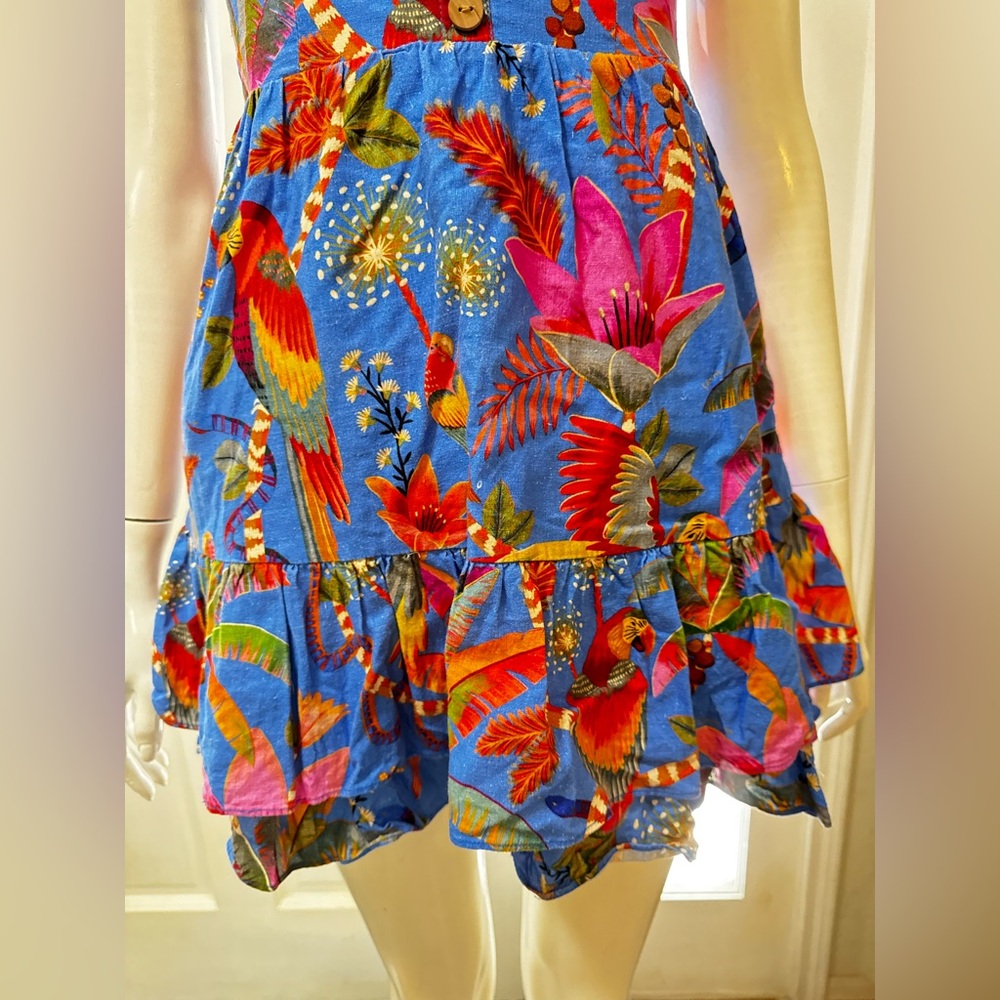 FARM RIO 100%Cotton Macaw Tropical Blue Floral Party Mini Dress Size XS - Picture 7 of 14